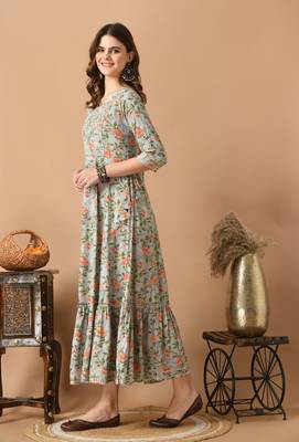 Grey floral printed with embroidered work rayon anarkali kurta 3