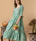 Terquoise floral printed with embroidered work rayon anarkali kurta