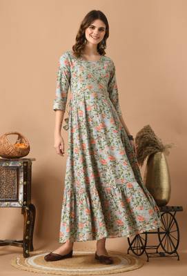 Grey floral printed with embroidered work rayon anarkali kurta 5
