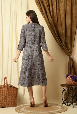Grey geometric printed work rayon a-line kurta 2
