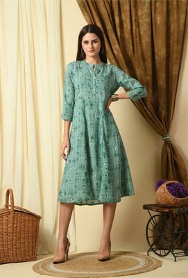 Green geometric printed work rayon a-line kurta 1
