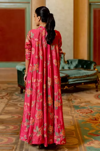 Pink floral printed jacket and knot skirt set