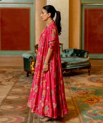 Pink floral printed jacket and knot skirt set 3