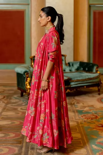 Pink floral printed jacket and knot skirt set