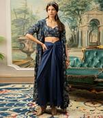 Navy blue self woven jacquard jacket set