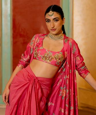 Pink floral printed jacket and knot skirt set 5