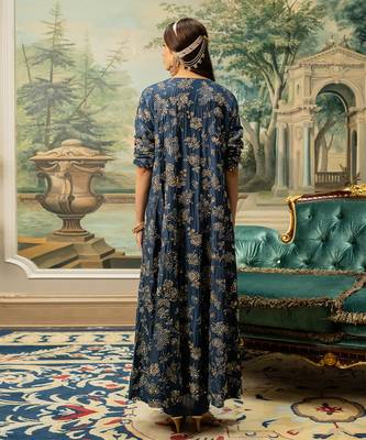 Navy blue self woven jacquard jacket set 4