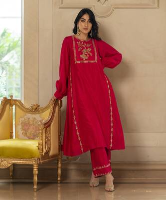 Rani pink silk kurta pant set 1