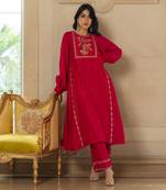 Rani pink silk kurta pant set