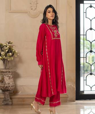 Rani pink silk kurta pant set 2