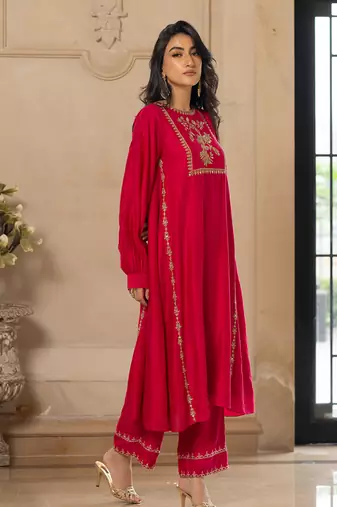 Rani pink silk kurta pant set
