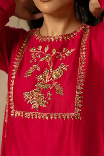 Rani pink silk kurta pant set