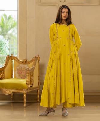 Lime yellow silk kurta pant set 1