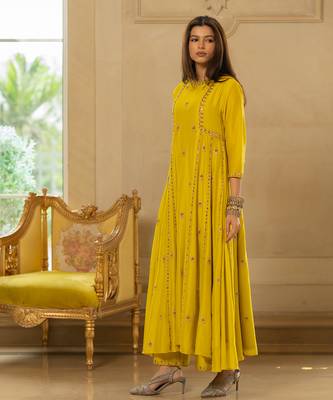 Lime yellow silk kurta pant set 2
