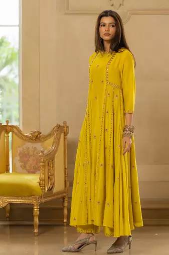 Lime yellow silk kurta pant set