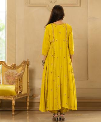 Lime yellow silk kurta pant set 3