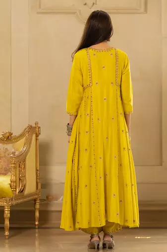 Lime yellow silk kurta pant set
