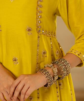 Lime yellow silk kurta pant set 4