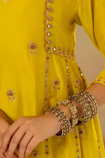 Lime yellow silk kurta pant set
