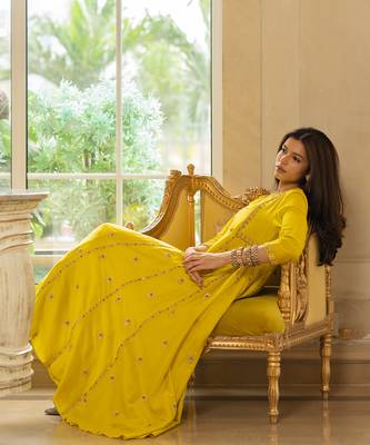 Lime yellow silk kurta pant set 5