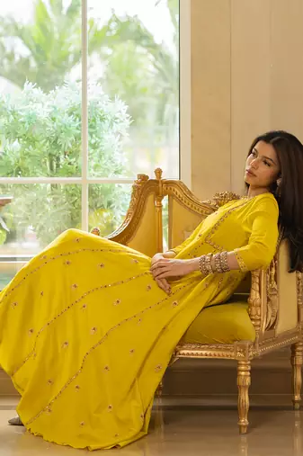 Lime yellow silk kurta pant set