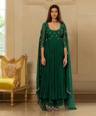 Emerald green chanderi anarkali set 1
