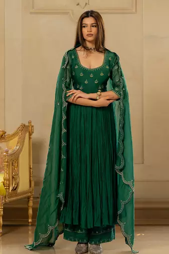 Emerald green chanderi anarkali set