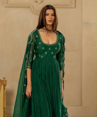 Emerald green chanderi anarkali set 3