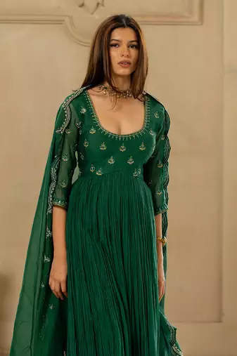 Emerald green chanderi anarkali set