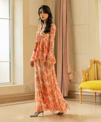 Orange antique embroidered peplum set 1