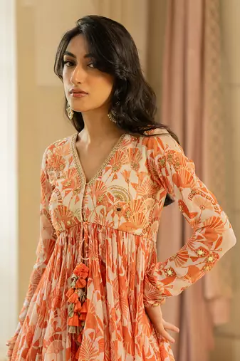Orange antique embroidered peplum set