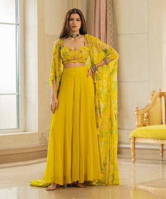 Lime Yellow Georgette Embroidered Palazzo Suit with Jacket 1