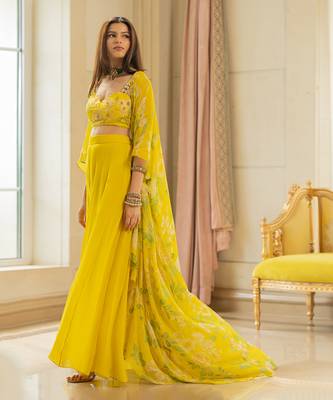 Lime Yellow Georgette Embroidered Palazzo Suit with Jacket 2