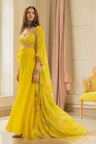 Lime Yellow Georgette Embroidered Palazzo Suit with Jacket