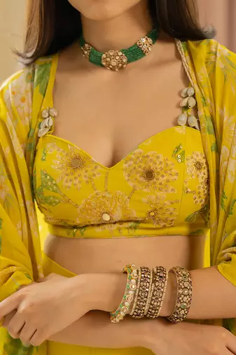 Lime Yellow Georgette Embroidered Palazzo Suit with Jacket