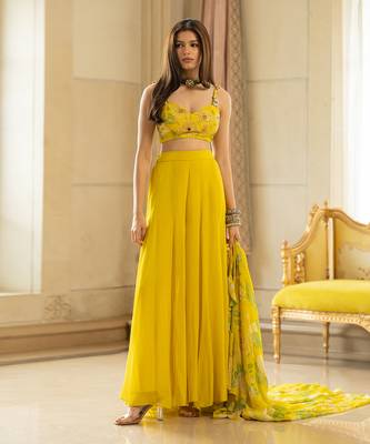 Lime Yellow Georgette Embroidered Palazzo Suit with Jacket 4