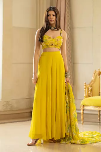 Lime Yellow Georgette Embroidered Palazzo Suit with Jacket