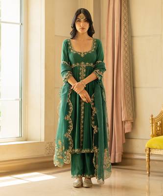 Emerald green silk anarkali set 1