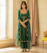 Emerald green silk anarkali set