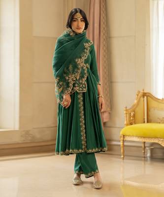 Emerald green silk anarkali set 2