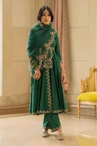 Emerald green silk anarkali set
