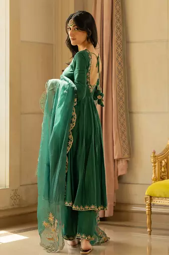 Emerald green silk anarkali set
