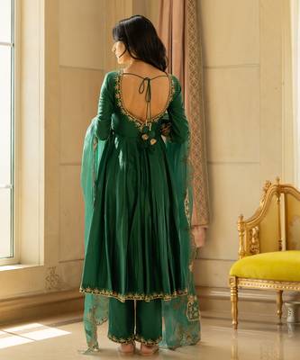 Emerald green silk anarkali set 4