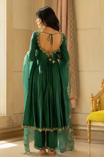 Emerald green silk anarkali set