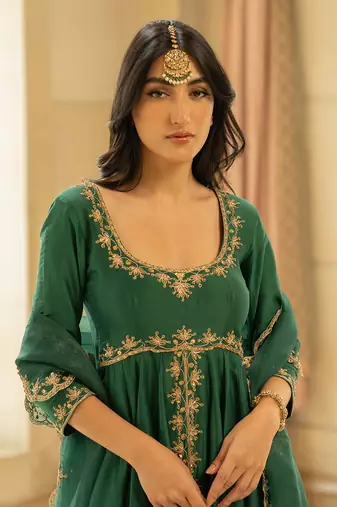 Emerald green silk anarkali set