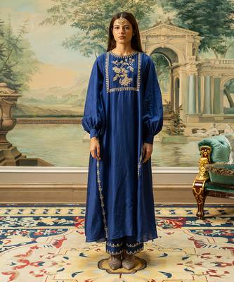 Electric blue silk kurta pant set 1