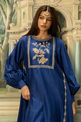 Electric blue silk kurta pant set