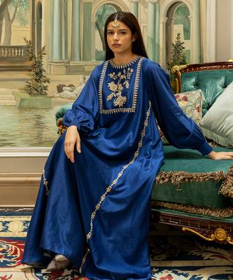 Electric blue silk kurta pant set 3