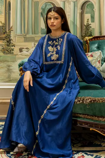 Electric blue silk kurta pant set