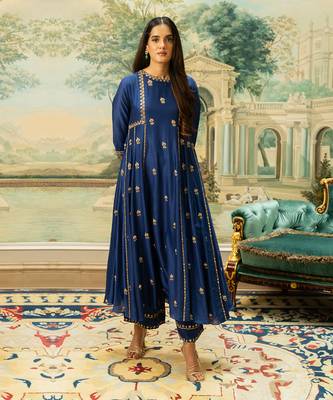 Electric blue silk kurta pant set 1